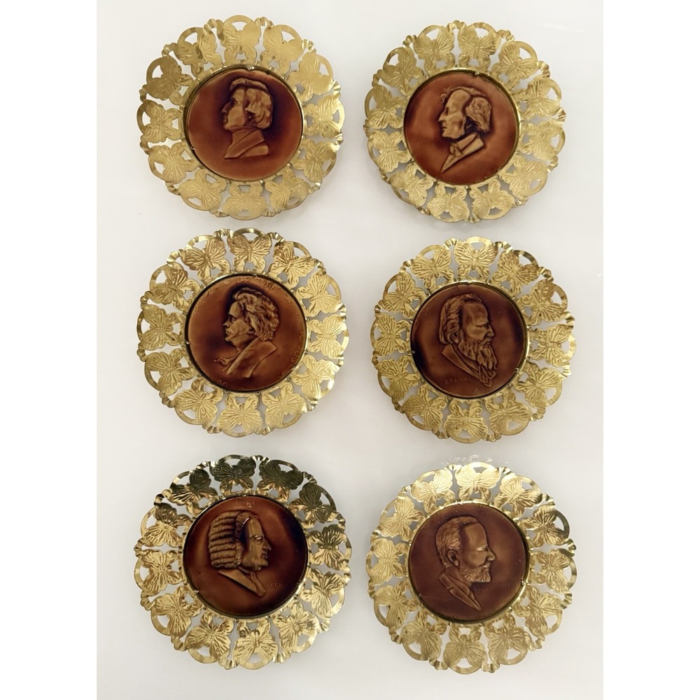 Vintage MCM Copper & Brass Composer Relief Plaques Set of 4 Butterfly Filigree